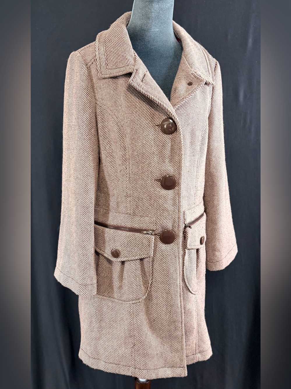 Tulle Jacket Brown Textured wool blend Peacoat w/ large Buttons long line